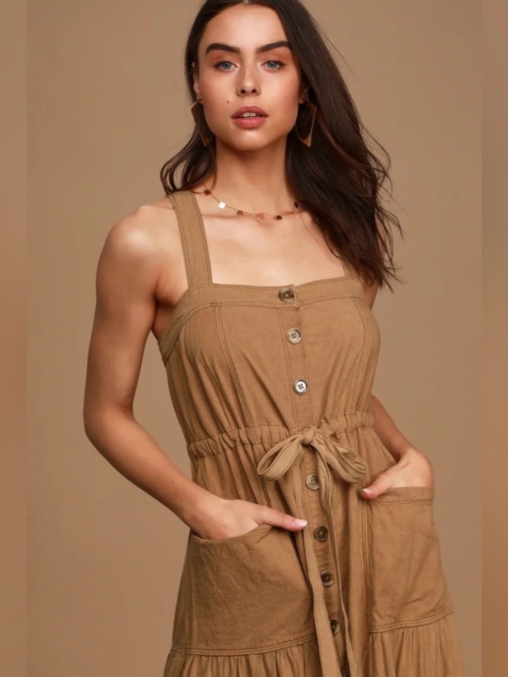 Free People Catch The Breeze Woven Linen-Blend Button-Down Tan Maxi Dress S - Picture 3 of 13